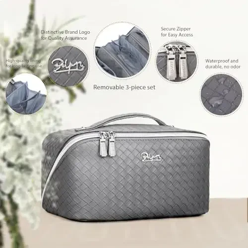BOYATU Travel Makeup Bags for Women: 3 Piece Make up Bags Set - Large Cosmetic Bag - Vegan Leather Makeup Organizer - Portable Toiltery Bag with Divider & Handle (L05 Grey) - 6