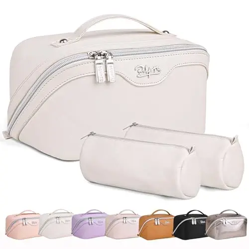 BOYATU Travel Makeup Bags for Women: Vegan Leather Cosmetic Bag Set of 3 - Large Capacity Make up Bag with Divider - Wide Open Waterproof Toiletry Organizer Bag with Handle (05-Off-White) - 1