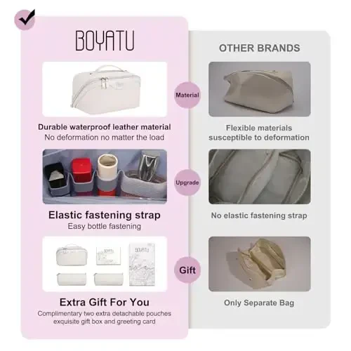 BOYATU Travel Makeup Bags for Women: Vegan Leather Cosmetic Bag Set of 3 - Large Capacity Make up Bag with Divider - Wide Open Waterproof Toiletry Organizer Bag with Handle (05-Off-White) - MODAZONE (1)