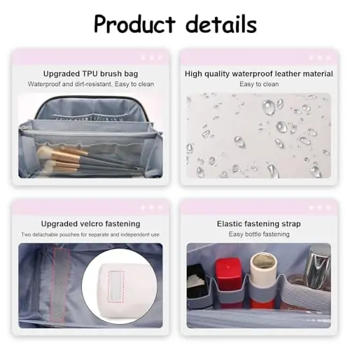 BOYATU Travel Makeup Bags for Women: Vegan Leather Cosmetic Bag Set of 3 - Large Capacity Make up Bag with Divider - Wide Open Waterproof Toiletry Organizer Bag with Handle (05-Off-White) - 4