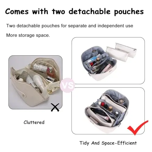 BOYATU Travel Makeup Bags for Women: Vegan Leather Cosmetic Bag Set of 3 - Large Capacity Make up Bag with Divider - Wide Open Waterproof Toiletry Organizer Bag with Handle (05-Off-White) - 5