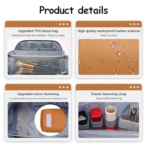 BOYATU Travel Makeup Bags for Women: Vegan Leather Cosmetic Bag Set of 3 - Large Capacity Make up Bag with Divider - Wide Open Waterproof Toiletry Organizer Bag with Handle (05-Brown) - 4