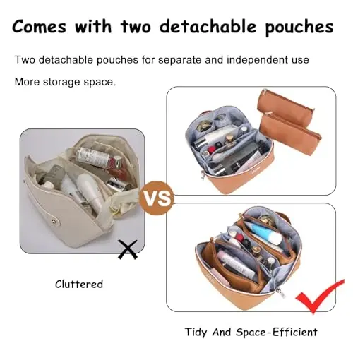 BOYATU Travel Makeup Bags for Women: Vegan Leather Cosmetic Bag Set of 3 - Large Capacity Make up Bag with Divider - Wide Open Waterproof Toiletry Organizer Bag with Handle (05-Brown) - 5