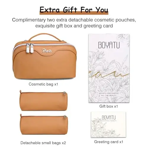 BOYATU Travel Makeup Bags for Women: Vegan Leather Cosmetic Bag Set of 3 - Large Capacity Make up Bag with Divider - Wide Open Waterproof Toiletry Organizer Bag with Handle (05-Brown) - 6