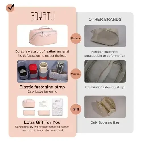 BOYATU Travel Makeup Bags for Women: Vegan Leather Cosmetic Bag Set of 3 - Large Capacity Make up Bag with Divider - Wide Open Waterproof Toiletry Organizer Bag with Handle (05-Pink) - MODAZONE (1)
