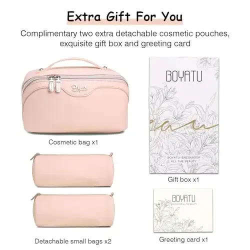 BOYATU Travel Makeup Bags for Women: Vegan Leather Cosmetic Bag Set of 3 - Large Capacity Make up Bag with Divider - Wide Open Waterproof Toiletry Organizer Bag with Handle (05-Pink) - 6