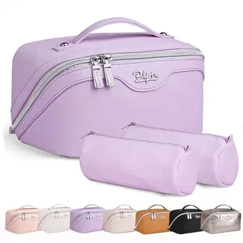 BOYATU Travel Makeup Bags for Women: Vegan Leather Cosmetic Bag Set of 3 - Large Capacity Make up Bag with Divider - Wide Open Waterproof Toiletry Organizer Bag with Handle (05-Purple) 