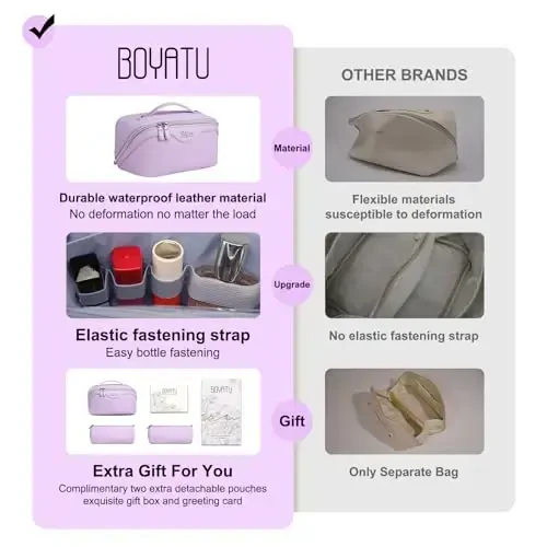 BOYATU Travel Makeup Bags for Women: Vegan Leather Cosmetic Bag Set of 3 - Large Capacity Make up Bag with Divider - Wide Open Waterproof Toiletry Organizer Bag with Handle (05-Purple) - MODAZONE (1)
