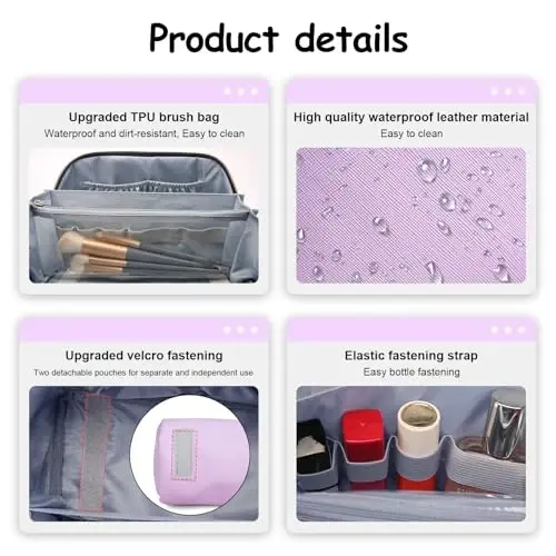 BOYATU Travel Makeup Bags for Women: Vegan Leather Cosmetic Bag Set of 3 - Large Capacity Make up Bag with Divider - Wide Open Waterproof Toiletry Organizer Bag with Handle (05-Purple) - 4
