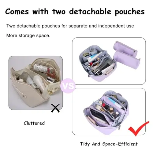 BOYATU Travel Makeup Bags for Women: Vegan Leather Cosmetic Bag Set of 3 - Large Capacity Make up Bag with Divider - Wide Open Waterproof Toiletry Organizer Bag with Handle (05-Purple) - 5