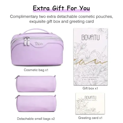 BOYATU Travel Makeup Bags for Women: Vegan Leather Cosmetic Bag Set of 3 - Large Capacity Make up Bag with Divider - Wide Open Waterproof Toiletry Organizer Bag with Handle (05-Purple) - 6