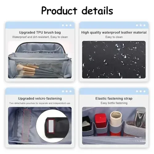 BOYATU Travel Makeup Bags for Women: Vegan Leather Cosmetic Bag Set of 3 - Large Capacity Make up Bag with Divider - Wide Open Waterproof Toiletry Organizer Bag with Handle (05-Black) - 4