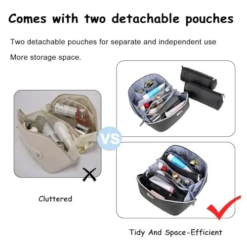 BOYATU Travel Makeup Bags for Women: Vegan Leather Cosmetic Bag Set of 3 - Large Capacity Make up Bag with Divider - Wide Open Waterproof Toiletry Organizer Bag with Handle (05-Black) - 5