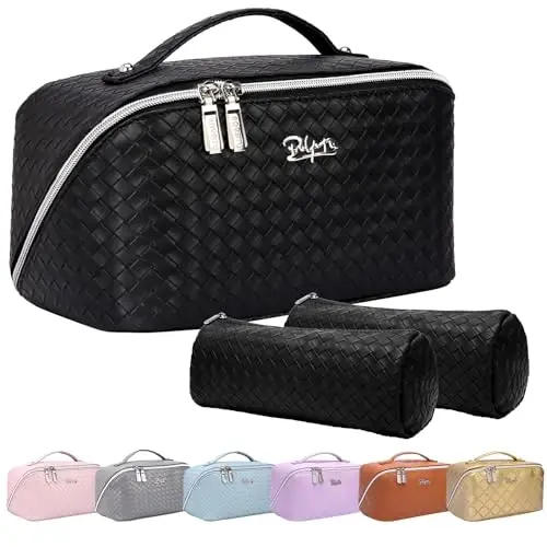 BOYATU Travel Makeup Bags for Women: Large Cosmetic Bag - PU Leather Make up Bag Set of 3 - Compact Toiletry Organizer with Compartments (L03 Black) - 1