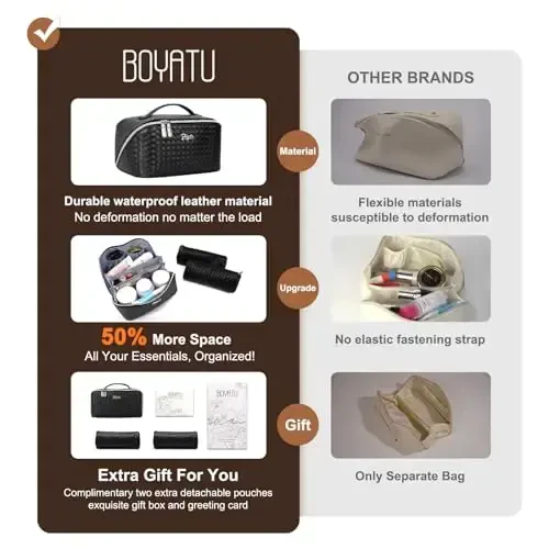 BOYATU Travel Makeup Bags for Women: Large Cosmetic Bag - PU Leather Make up Bag Set of 3 - Compact Toiletry Organizer with Compartments (L03 Black) - MODAZONE (1)