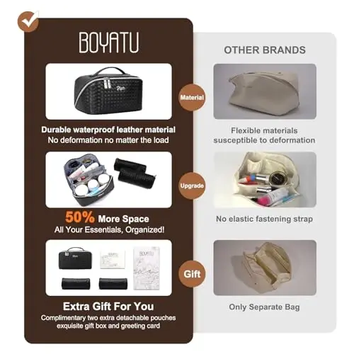 BOYATU Travel Makeup Bags for Women: Large Cosmetic Bag - PU Leather Make up Bag Set of 3 - Compact Toiletry Organizer with Compartments (L03 Black) - 2