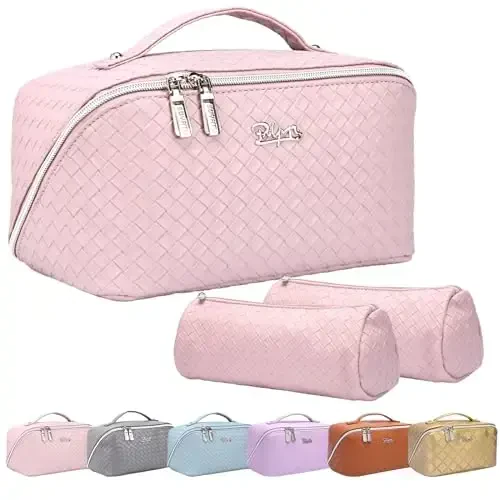 BOYATU Travel Makeup Bags for Women: Large Cosmetic Bag Waterproof - Vegan Leather Make up Bags Set of 3 - Portable Toiletry Organizer (L09 Violet) 