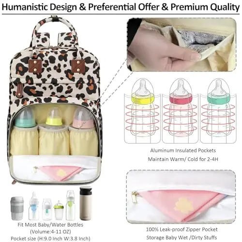 Diaper Bag Backpack Tote for Women Large Capacity, Baby with Insulated Pockets Multifunctional Bags For Girl Boy Waterproof Boys Girls Mama Maternity Travel Leopard - 2