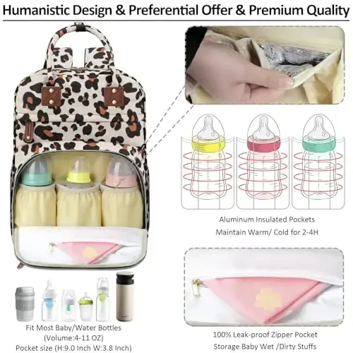 Diaper Bag Backpack Tote for Women Large Capacity, Baby with Insulated Pockets Multifunctional Bags For Girl Boy Waterproof Boys Girls Mama Maternity Travel Leopard - MODAZONE (1)
