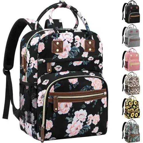 Diaper Bag Backpack Tote for Women Large Capacity with Insulated Pockets Multifunctional Diaper Bags For Baby Girl Boy Waterproof Baby Bags, Maternity Bag Black Pink Floral - 1