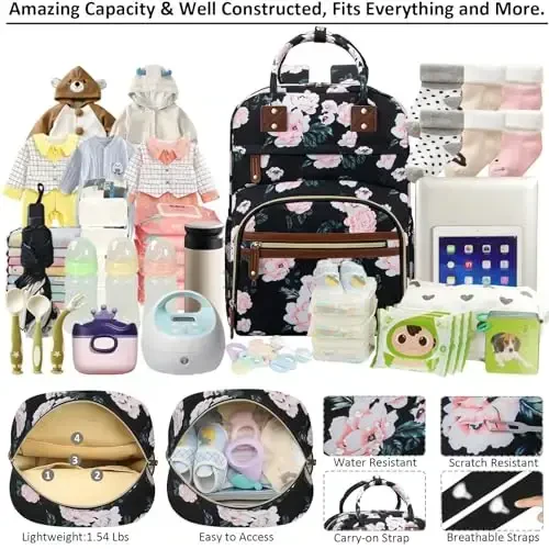 Diaper Bag Backpack Tote for Women Large Capacity with Insulated Pockets Multifunctional Diaper Bags For Baby Girl Boy Waterproof Baby Bags, Maternity Bag Black Pink Floral - 3