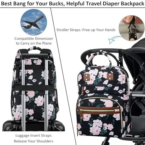 Diaper Bag Backpack Tote for Women Large Capacity with Insulated Pockets Multifunctional Diaper Bags For Baby Girl Boy Waterproof Baby Bags, Maternity Bag Black Pink Floral - 4