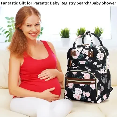 Diaper Bag Backpack Tote for Women Large Capacity with Insulated Pockets Multifunctional Diaper Bags For Baby Girl Boy Waterproof Baby Bags, Maternity Bag Black Pink Floral - 5