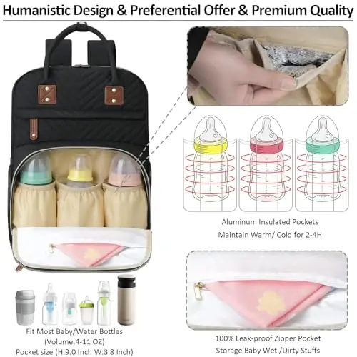 Diaper Bag Backpack for Women Large Capacity with Insulated Pockets Multifunctional Diaper Bags For Baby Girl Boy Waterproof Baby Bags For Mama Maternity Travel Bag Black - 2