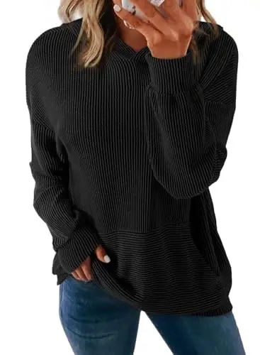Dokotoo Hoodies for Women Casual Oversized Hoodie Long Sleeve Sweatshirt Solid Pullover Ribbed Knit Tops - 4