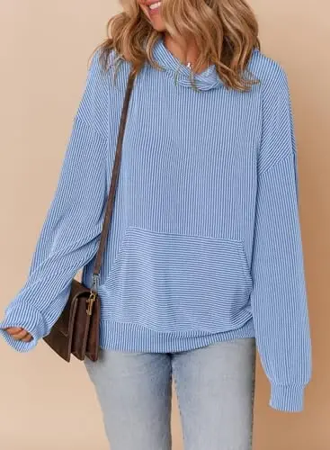 Dokotoo Hoodies for Women Casual Oversized Hoodie Long Sleeve Sweatshirt Solid Pullover Ribbed Knit Tops - 5