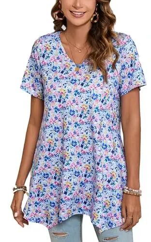 ENMAIN Tunic Tops for Women Plus Size Short Sleeve Top Loose Fit Dressy Casual Swing Summer Tunics Tops to Wear with Leggings 