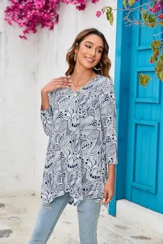 ENMAIN Tunic Tops for Women 3/4 Sleeve Plus Size Women's Tunics Loose Fit Floral Swing Flare Ladies Blouse for Leggings - 5