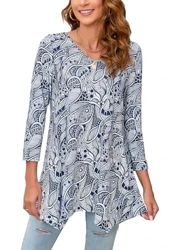 ENMAIN Tunic Tops for Women 3/4 Sleeve Plus Size Women's Tunics Loose Fit Floral Swing Flare Ladies Blouse for Leggings - 1