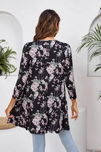 ENMAIN Tunic Tops for Women 3/4 Sleeve Plus Size Women's Tunics Loose Fit Floral Swing Flare Ladies Blouse for Leggings - 2