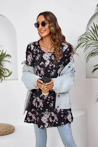 ENMAIN Tunic Tops for Women 3/4 Sleeve Plus Size Women's Tunics Loose Fit Floral Swing Flare Ladies Blouse for Leggings - 5