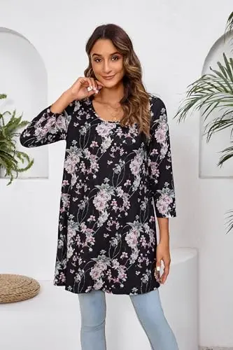 ENMAIN Tunic Tops for Women 3/4 Sleeve Plus Size Women's Tunics Loose Fit Floral Swing Flare Ladies Blouse for Leggings - 3