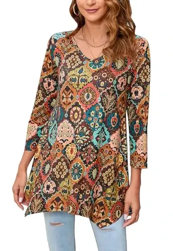ENMAIN Tunic Tops for Women 3/4 Sleeve Plus Size Women's Tunics Loose Fit Floral Swing Flare Ladies Blouse for Leggings 