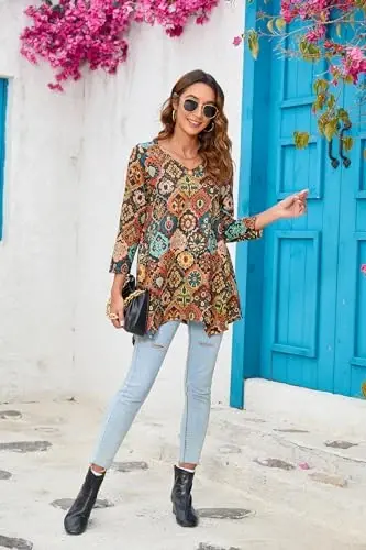 ENMAIN Tunic Tops for Women 3/4 Sleeve Plus Size Women's Tunics Loose Fit Floral Swing Flare Ladies Blouse for Leggings - 6