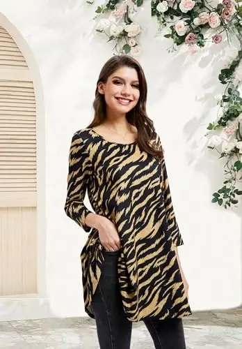 ENMAIN Tunic Tops for Women 3/4 Sleeve Plus Size Women's Tunics Loose Fit Floral Swing Flare Ladies Blouse for Leggings - 4