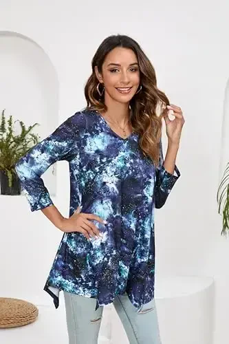 ENMAIN Tunic Tops for Women 3/4 Sleeve Plus Size Women's Tunics Loose Fit Floral Swing Flare Ladies Blouse for Leggings - 5