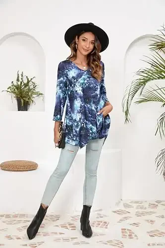ENMAIN Tunic Tops for Women 3/4 Sleeve Plus Size Women's Tunics Loose Fit Floral Swing Flare Ladies Blouse for Leggings - 6