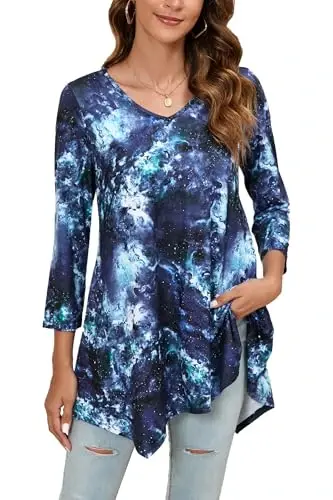 ENMAIN Tunic Tops for Women 3/4 Sleeve Plus Size Women's Tunics Loose Fit Floral Swing Flare Ladies Blouse for Leggings - 1