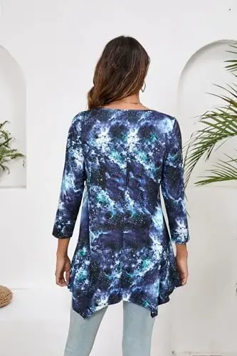 ENMAIN Tunic Tops for Women 3/4 Sleeve Plus Size Women's Tunics Loose Fit Floral Swing Flare Ladies Blouse for Leggings - 2