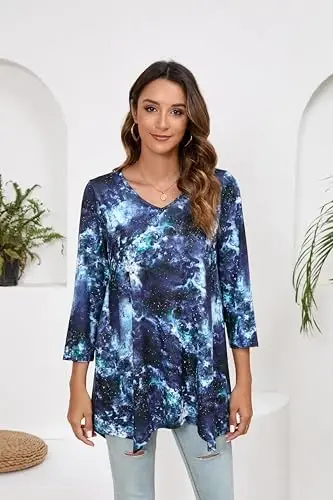 ENMAIN Tunic Tops for Women 3/4 Sleeve Plus Size Women's Tunics Loose Fit Floral Swing Flare Ladies Blouse for Leggings - 3