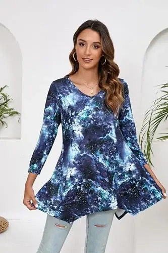 ENMAIN Tunic Tops for Women 3/4 Sleeve Plus Size Women's Tunics Loose Fit Floral Swing Flare Ladies Blouse for Leggings - 4