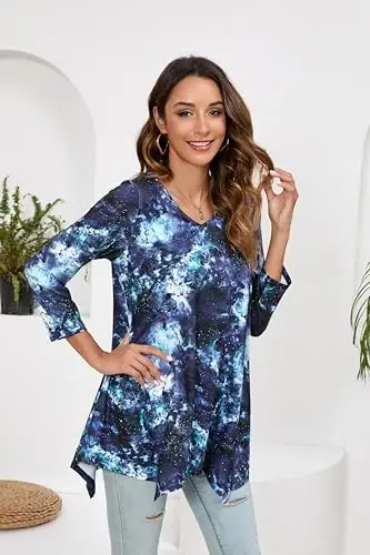 ENMAIN Tunic Tops for Women 3/4 Sleeve Plus Size Women's Tunics Loose Fit Floral Swing Flare Ladies Blouse for Leggings - 5