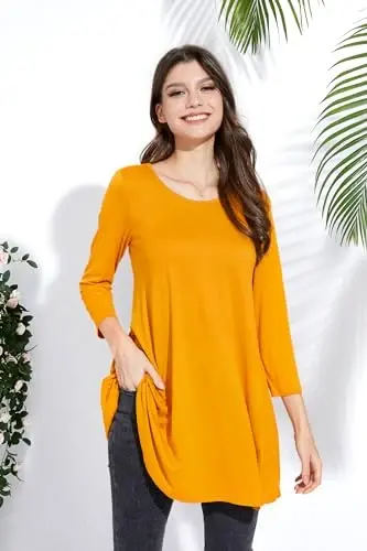 ENMAIN Tunic Tops for Women 3/4 Sleeve Plus Size Women's Tunics Loose Fit Floral Swing Flare Ladies Blouse for Leggings - 4