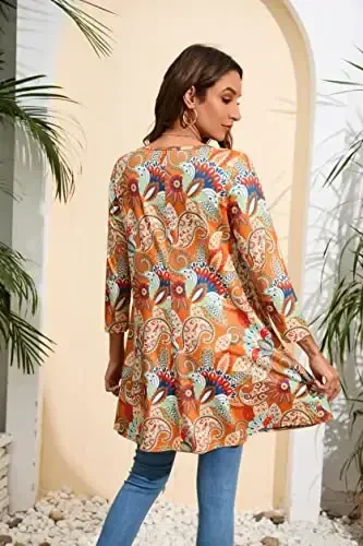 ENMAIN Tunic Tops for Women 3/4 Sleeve Plus Size Women's Tunics Loose Fit Floral Swing Flare Ladies Blouse for Leggings - 2