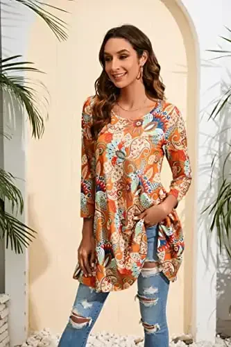 ENMAIN Tunic Tops for Women 3/4 Sleeve Plus Size Women's Tunics Loose Fit Floral Swing Flare Ladies Blouse for Leggings - 4
