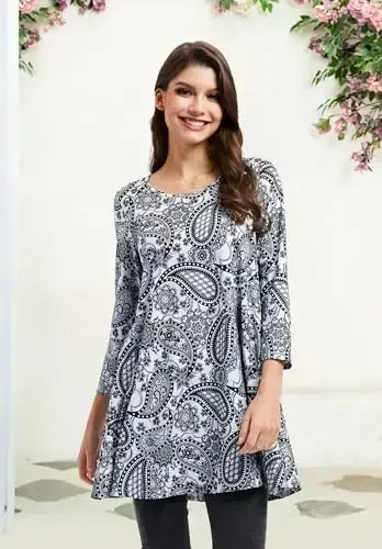 ENMAIN Tunic Tops for Women 3/4 Sleeve Plus Size Women's Tunics Loose Fit Floral Swing Flare Ladies Blouse for Leggings - 3